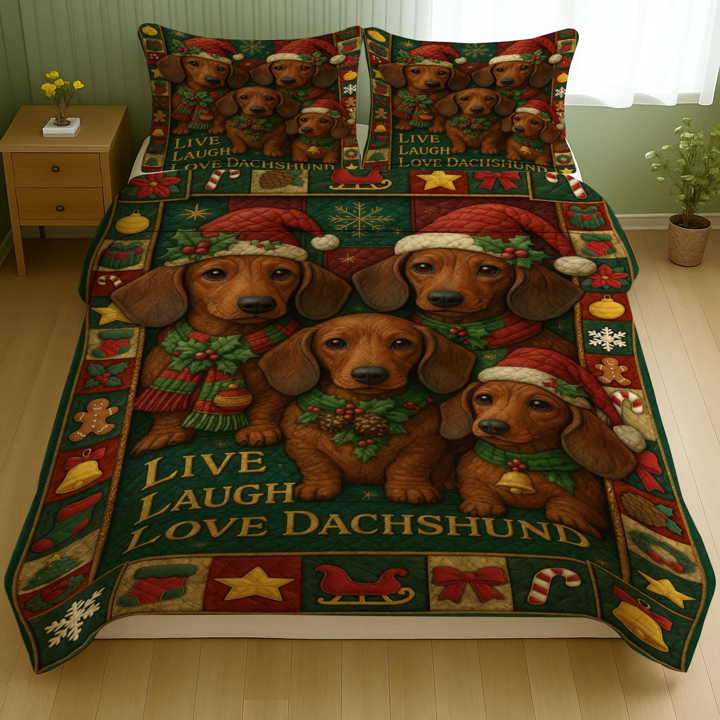 Live Laugh Love Dachshund Pattern, Cute Dachshund Christmas Quilt Set