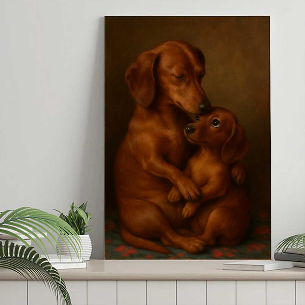 Dachshund Mom And Puppy Canvas Wall Art, Heartwarming Sausage Dog Painting, Wiener Dog Lover Gift