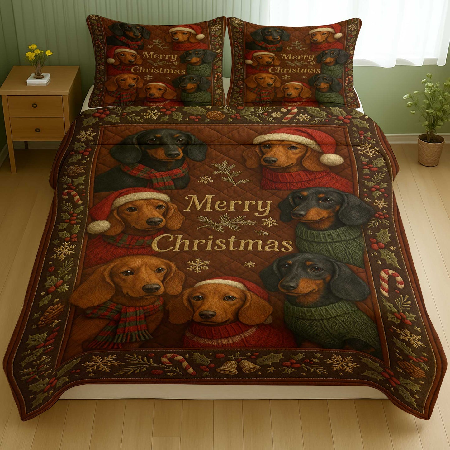 Merry Christmas Dachshund Quilt Set, Festive Holiday With Snowflakes And Candy Canes For Winter Nights