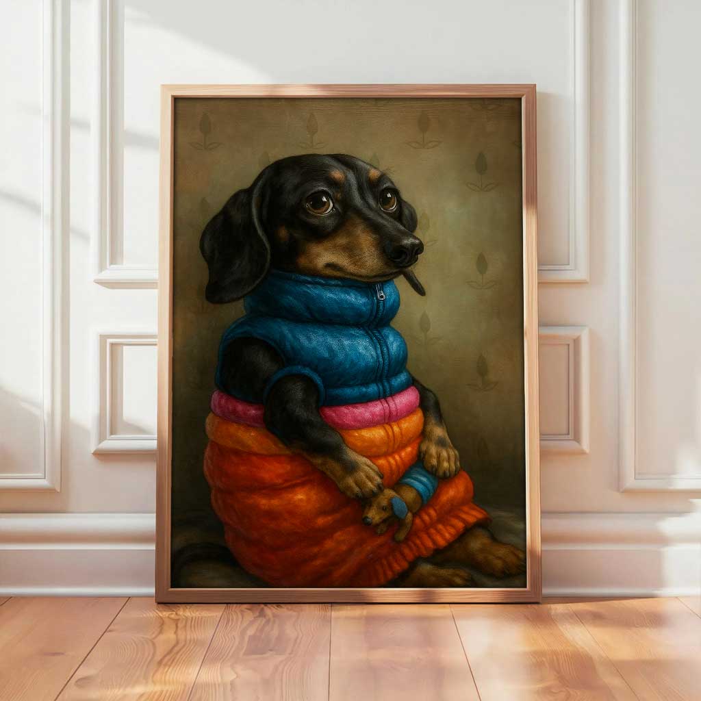 Cozy Dachshund Winter Jacket Canvas Wall Art, Cute Dog Portrait Painting, Warm and Whimsical Pet Lover Home Décor