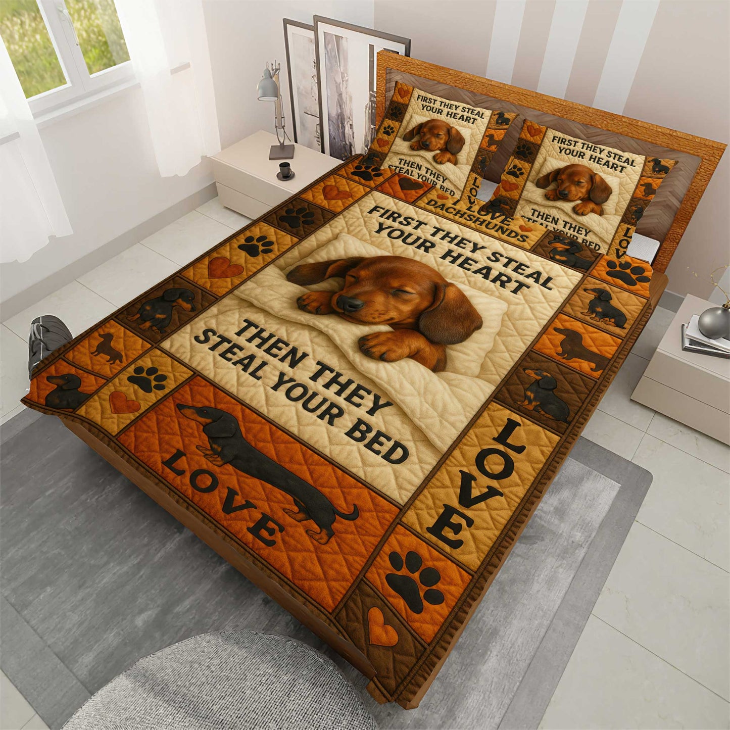First They Steal Your Heart Then They Steal Your Bed Dachshund, Dachshund Lover Quilt Set