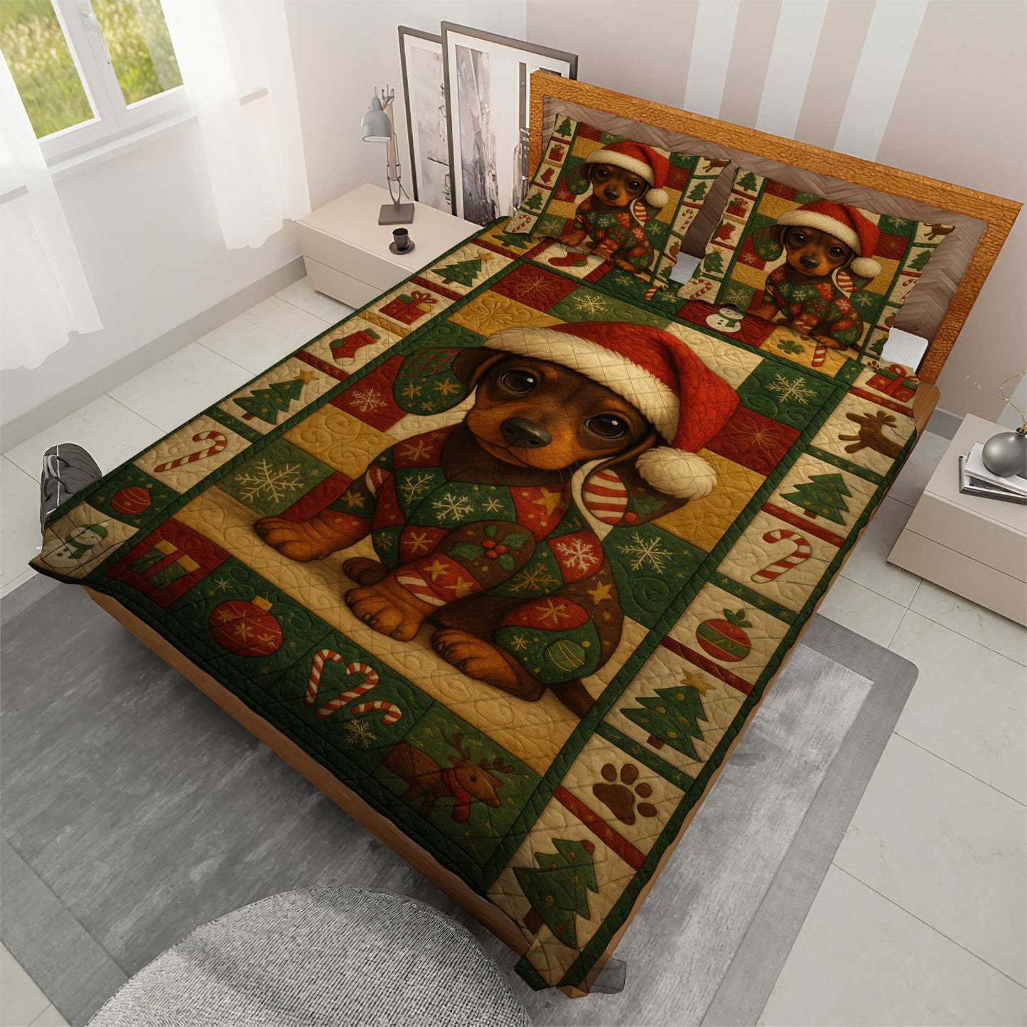 Cute Dachshund Wearing Santa Hat, Merry Christmas Sausage Dog Quilt Set