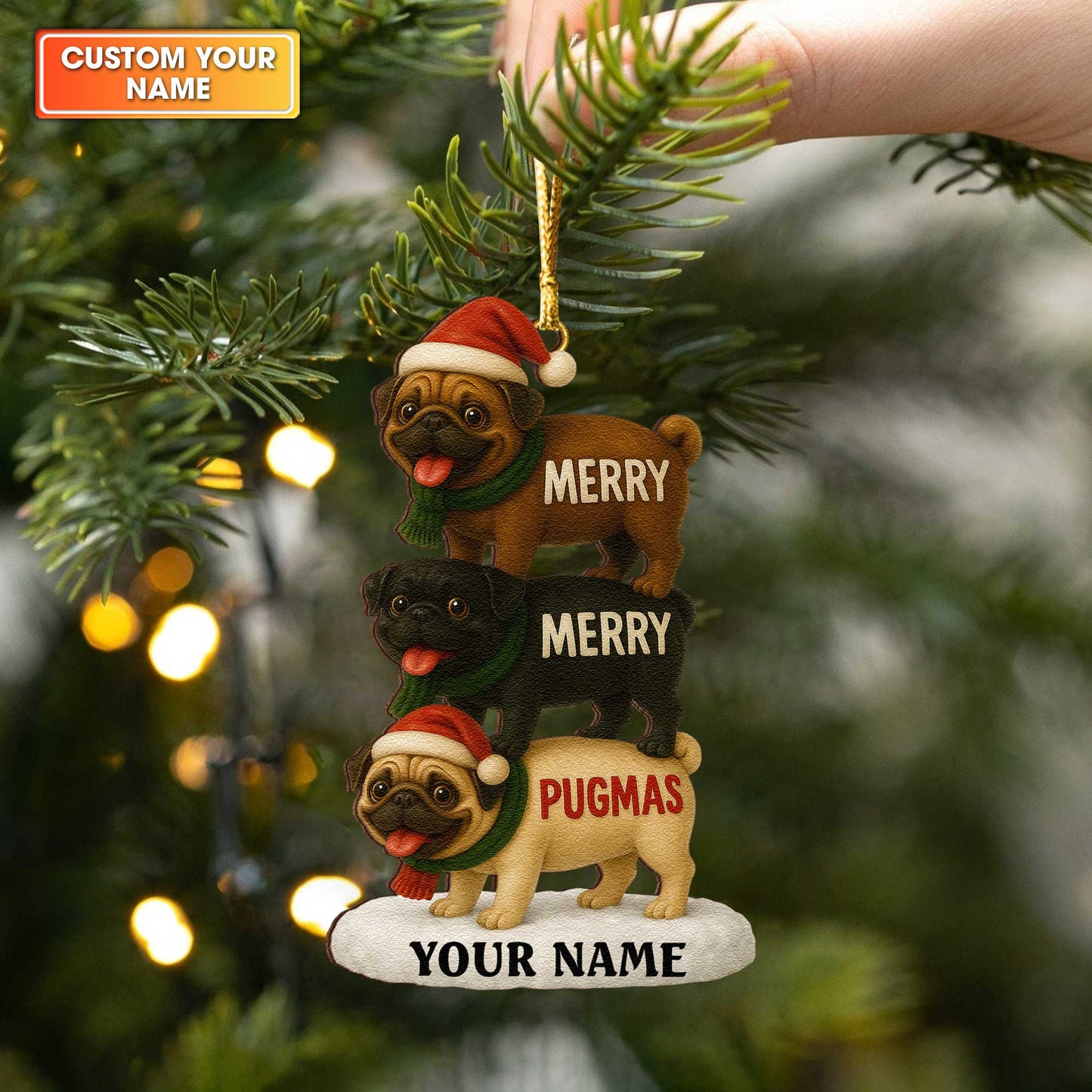 Personalized Christmas Ornament Pug, Merry Pugmas Ornament With Custom Name, Cute Pug Xmas Ornament For Pet Lover