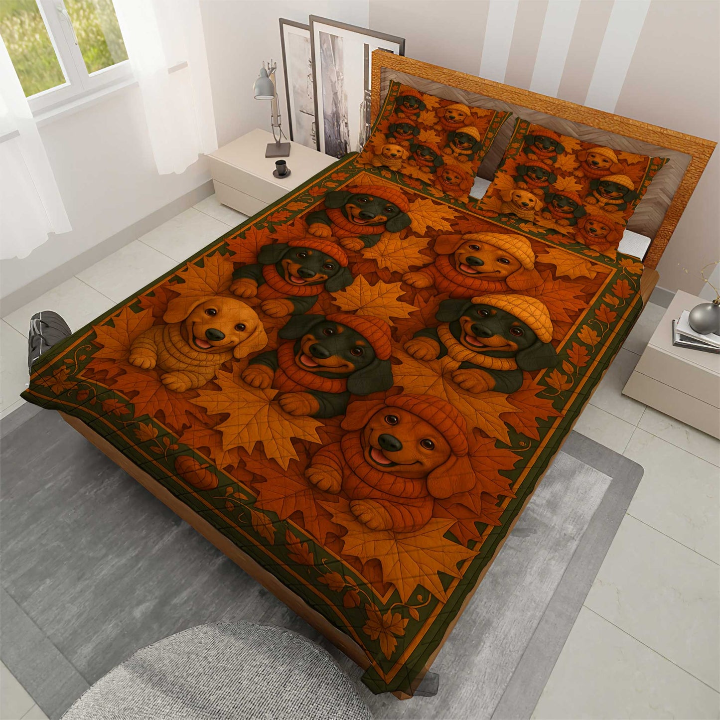 Adorable Dachshund In Sweaters and Beanies, Cozy Autumn Puppy Quilt Set