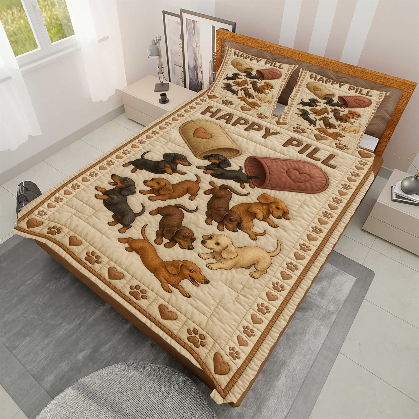 Happy Pill Quilt Set With Dachshunds, Warm Soft Bedding For Dog Lovers Bedroom Decor