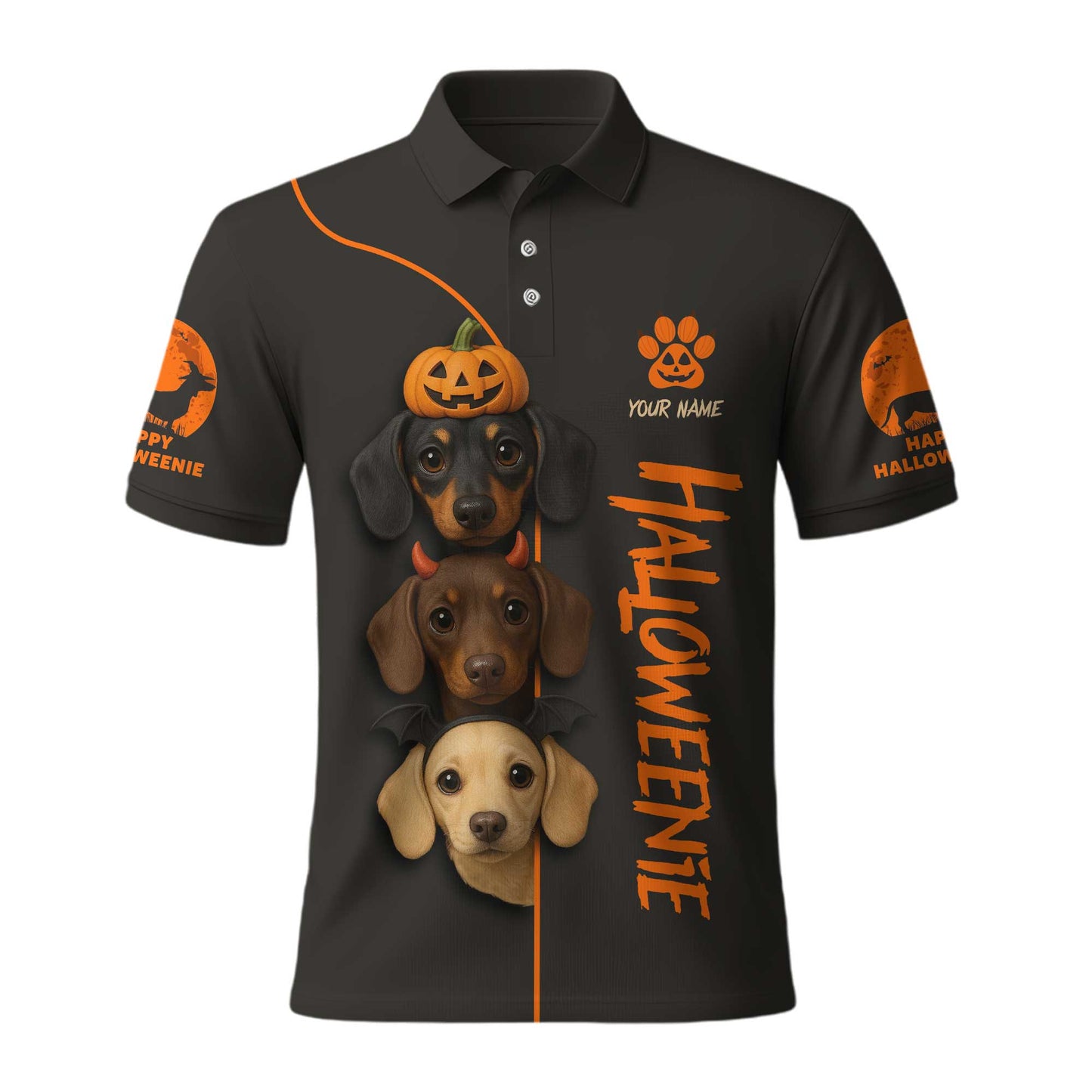 HalloWeenie - Dachshund Holiday Shirt, Christmas Tree Weiner Dog Tee, Pattern Polos For Spooky Season - Custom Name Shirt