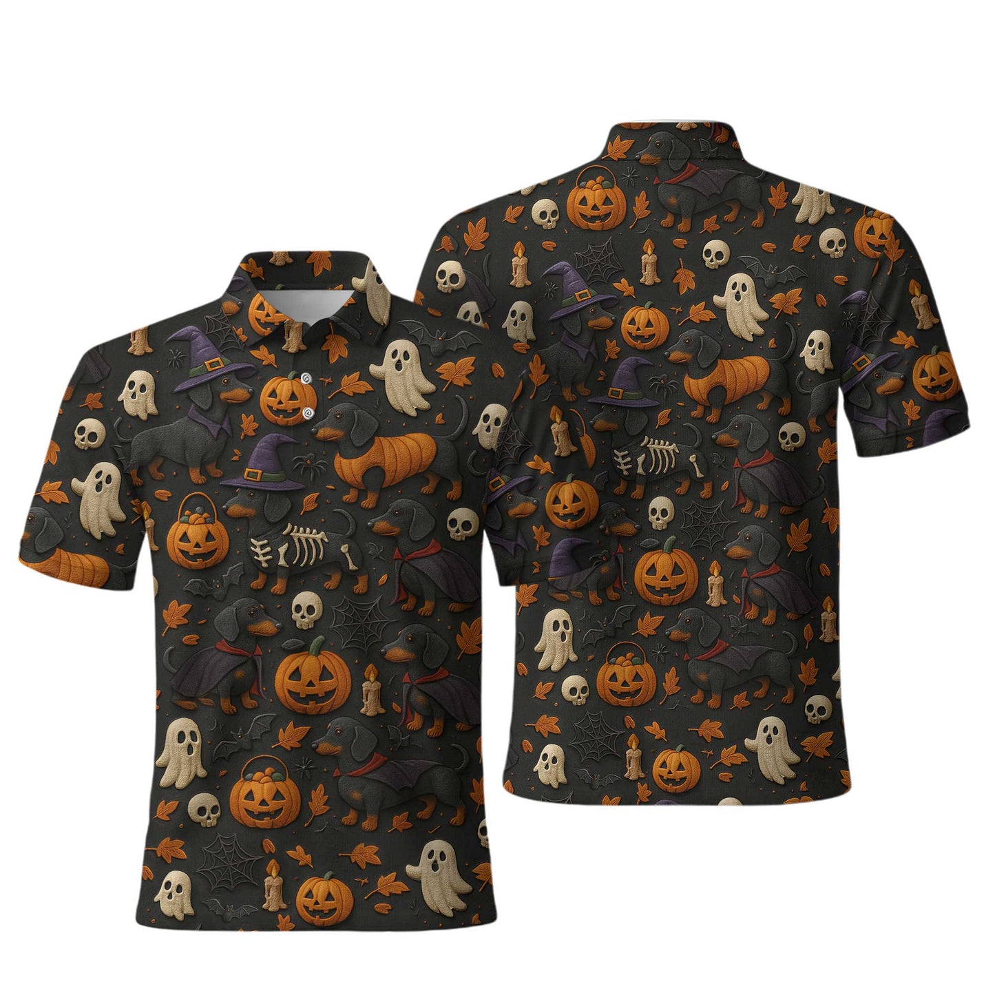 Pattern Dachshund Shirt, Halloween Dog Shirt, Pumpkin Ghost Skeleton Black Shirt