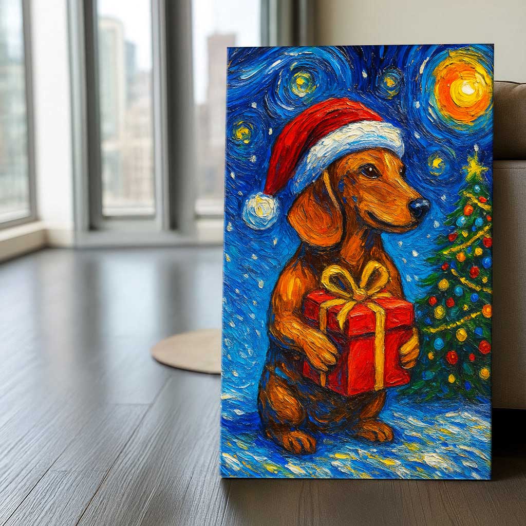 Starry Night Style Holiday Dachshund Christmas Canvas Wall Art, Pet Lover Home Decoration