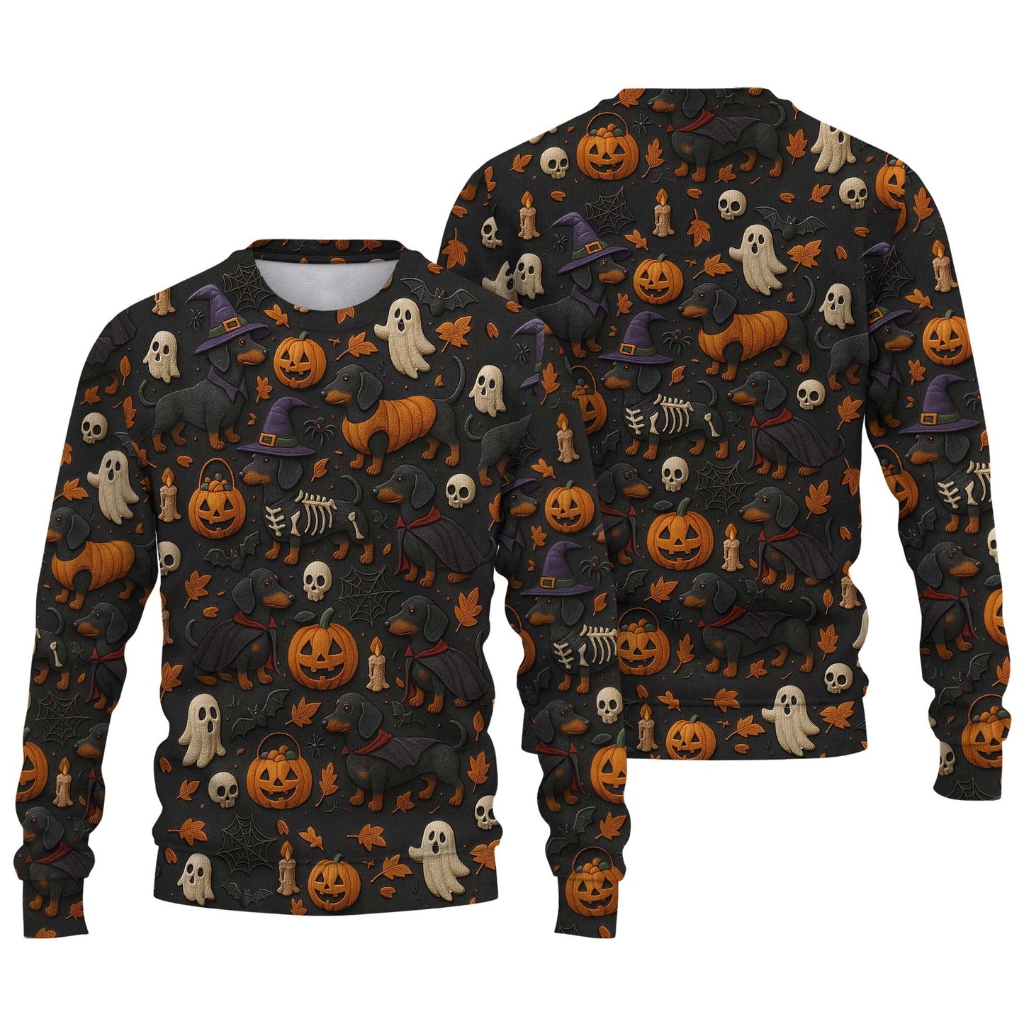 Pattern Dachshund Shirt, Halloween Dog Shirt, Pumpkin Ghost Skeleton Black Shirt