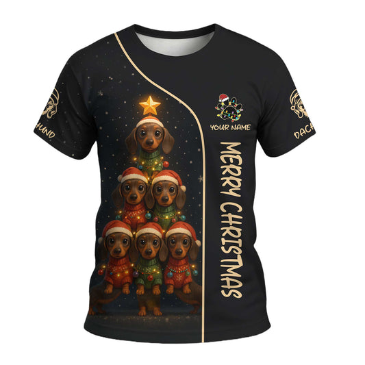 Merry Christmas Dachshund Shirt, Dachshund Holiday Tee, Pattern Polos For Spooky Season - Custom Name Shirt