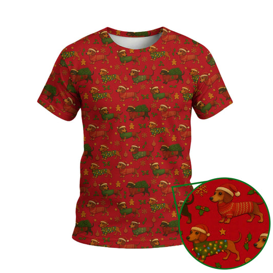 Festive Holiday Shirt, Dachshund Shirt, Weiner Dog T Shirt, Pattern Polos For Christmas