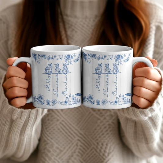 Cat Lover Gift - Chinoiserie Toile De Jouy Style - Personalized White Mug