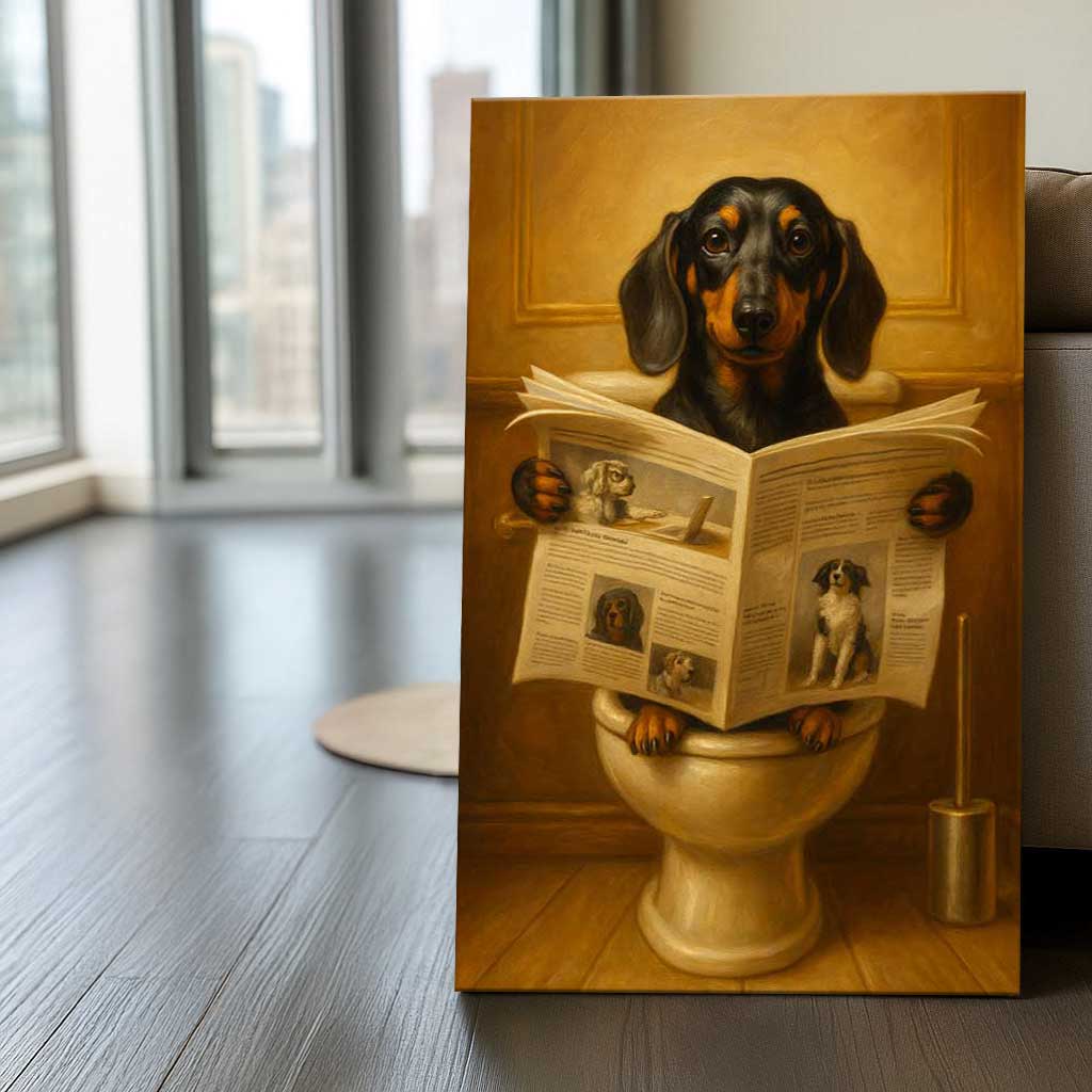 Dog Reading Newspaper On Toilet Canvas, Funny Dachshund Wall Art