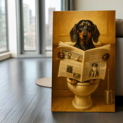 Dog Reading Newspaper On Toilet Canvas, Funny Dachshund Wall Art