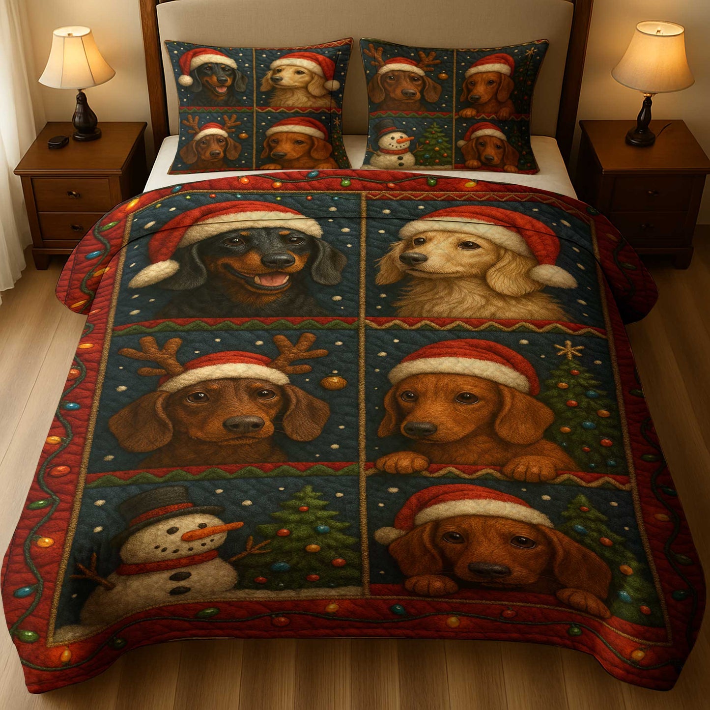 Santa Dachshund Christmas Quilt Set, Funny Wiener Dog Holiday Bedroom Decor