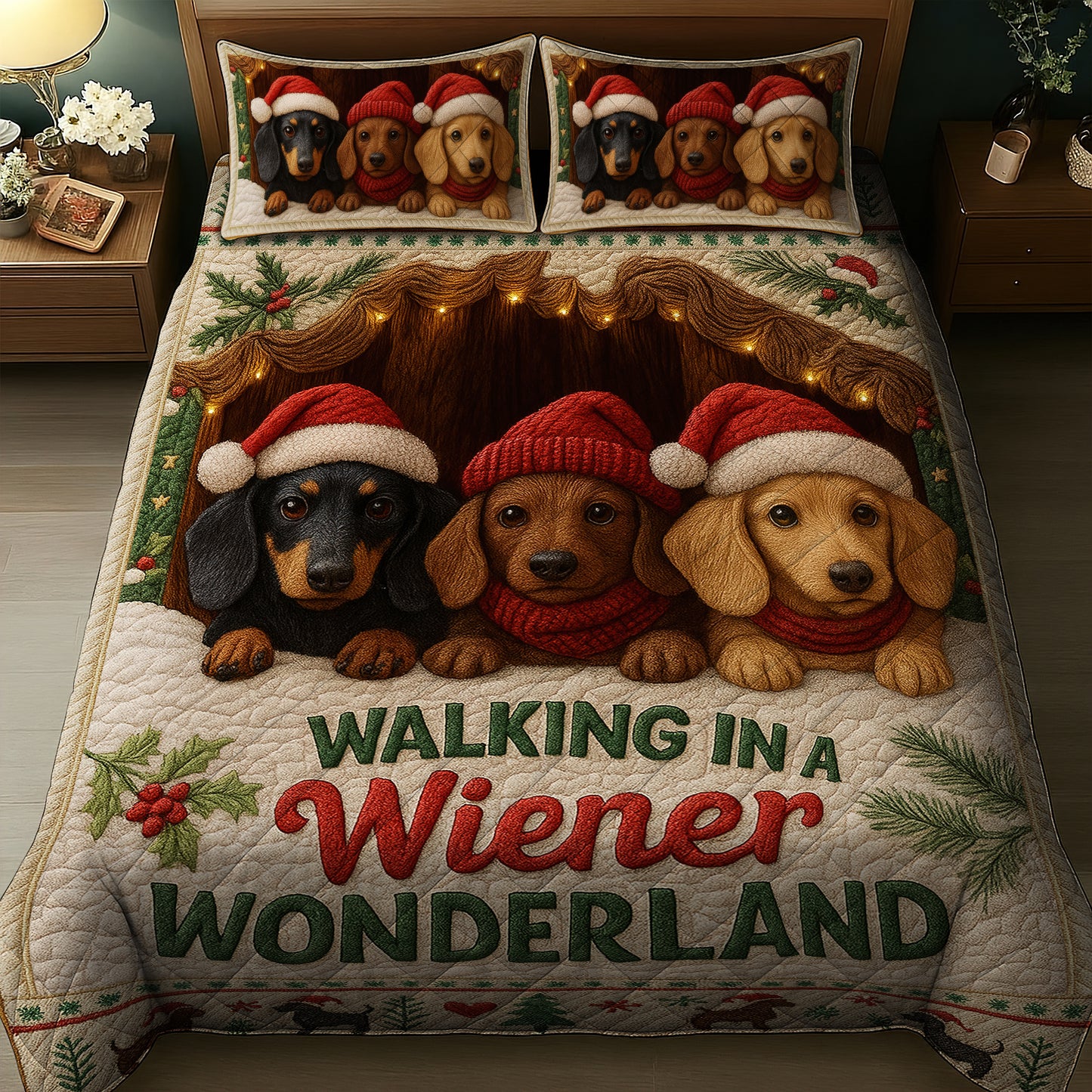 Funny Dachshund Wiener Dog Quilt Set, Cute Christmas Bedding Gift for Dog Lovers