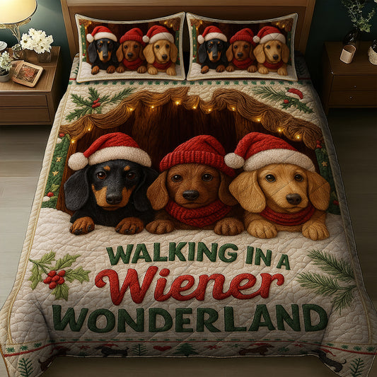 Funny Dachshund Wiener Dog Quilt Set, Cute Christmas Bedding Gift for Dog Lovers
