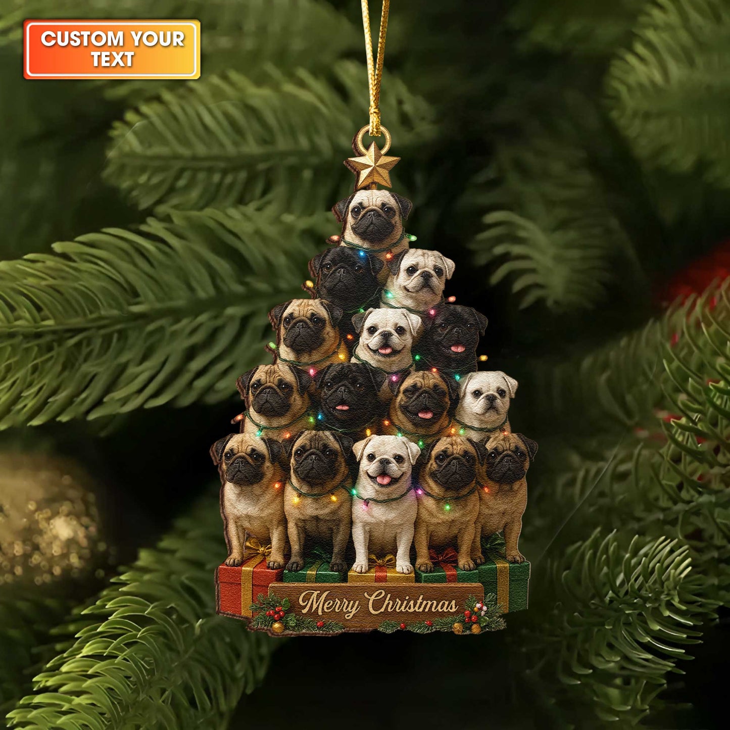 Cute Pug Stack Custom Text Holiday Gift Ornament, Personalized Wooden Ornament For Pug Lovers