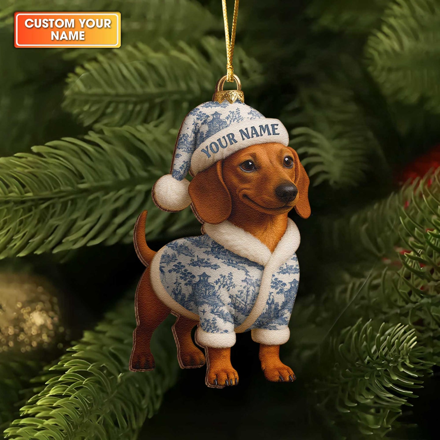 Custom Name Colorful Dachshund In Pajamas Ornament, Personalized Wooden Ornament Christmas Dachshund Decoration