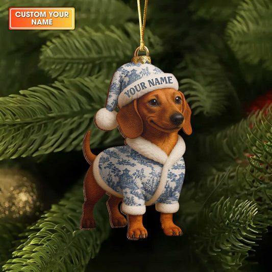 Custom Name Colorful Dachshund In Pajamas Ornament, Personalized Wooden Ornament Christmas Dachshund Decoration