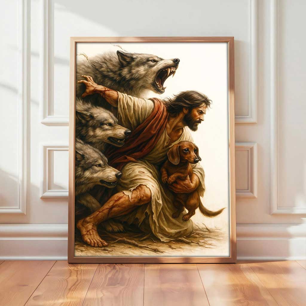 Protective Savior with Dachshund Wall Art, Faith and Loyalty Dog Canvas, Symbol of Divine Protection