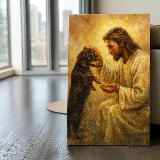 Inspirational Jesus and Dog Wall Art, Spiritual Canvas Print for Home Decor