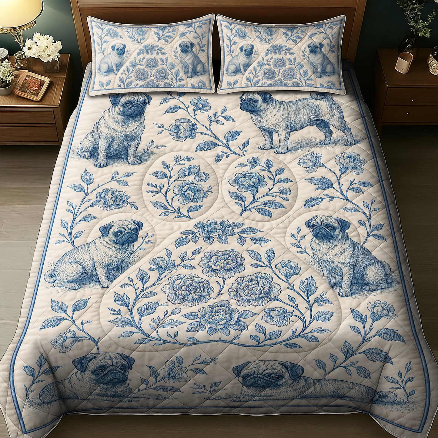 Cute Pug Christmas Quilt Set, Cozy Holiday Bedding Gift Ideas for Dog Lovers, Pugmas Bedroom Decor