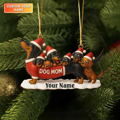 Dog Mom Dachshund Family Christmas Ornament, Personalized Wooden Dachshund Christmas Ornament