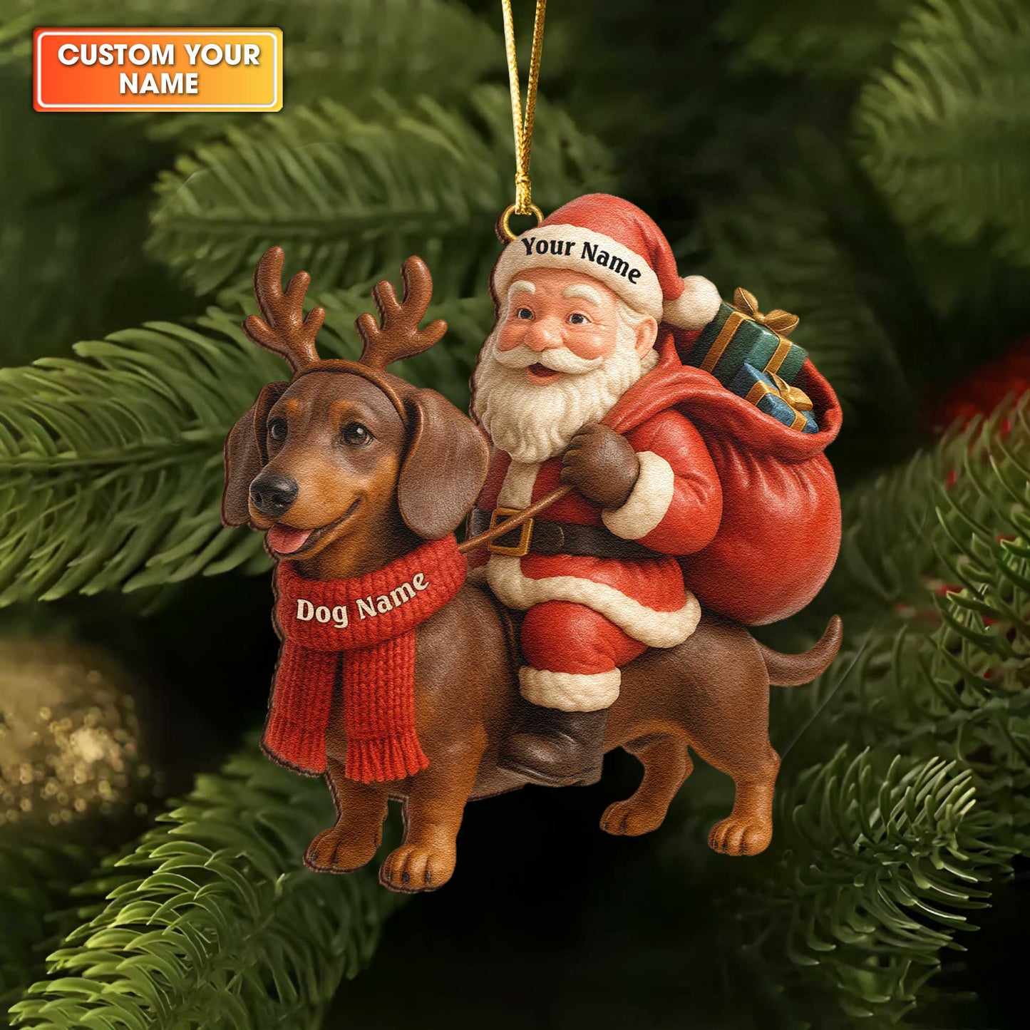 Santa Riding Dachshund Ornament, Personalized Wooden Wiener Wooden Ornament