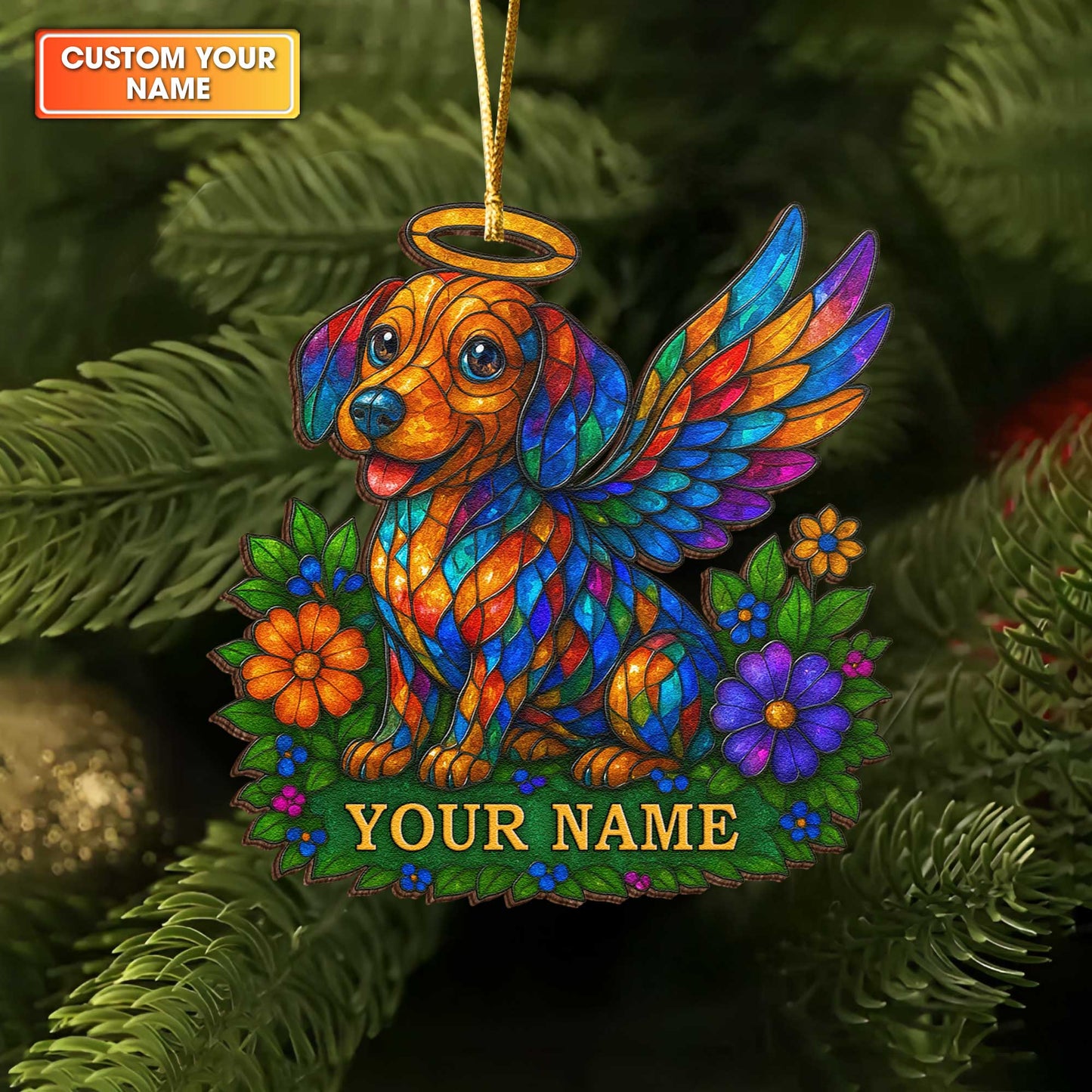 Colorful Dachshund Angel Stained Glass Style Ornament, Personalized Wooden Ornament For Dachshund Lovers