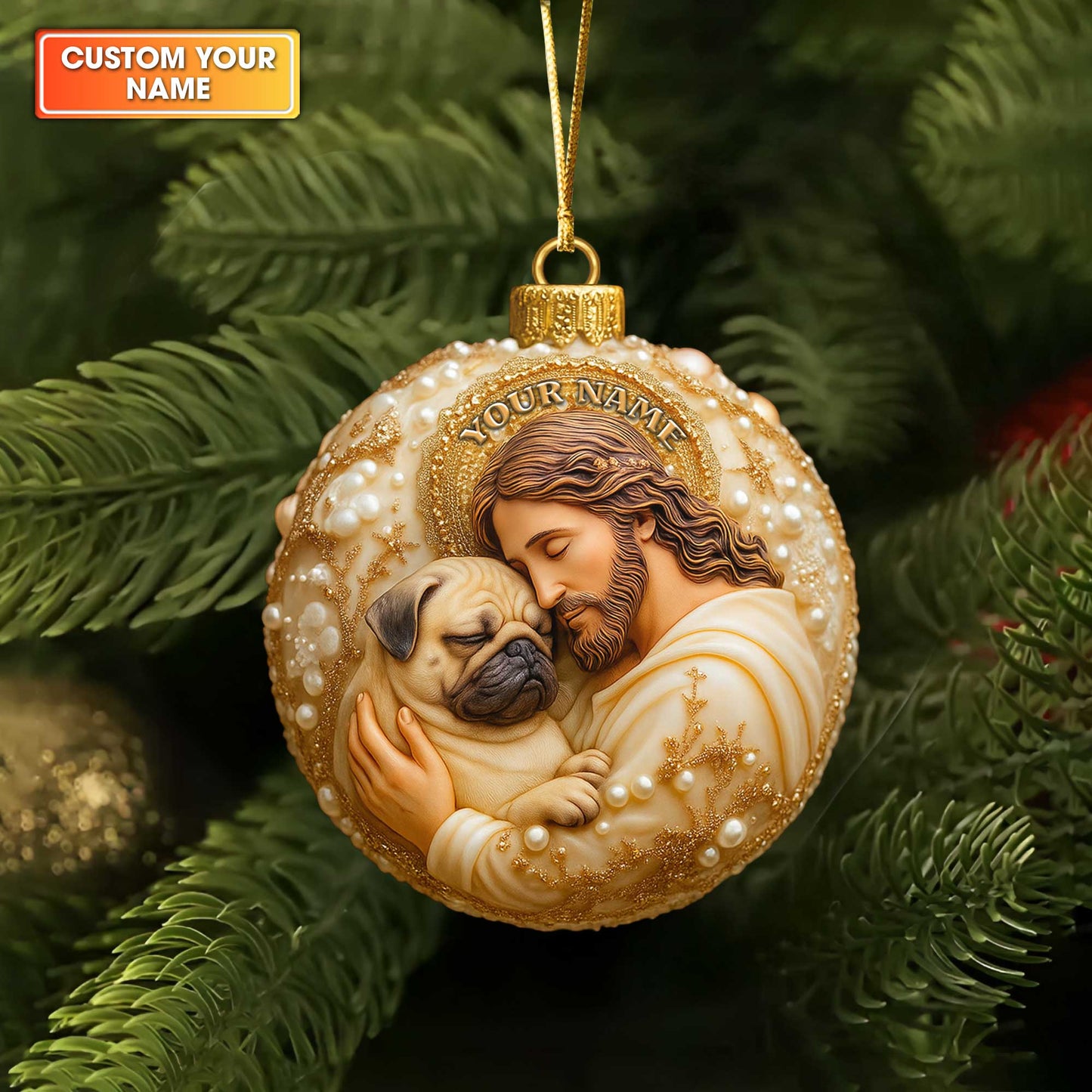 Personalized Jesus Hugging Pug Christmas Ornament, Custom Dog Memorial Gift, Religious Holiday Keepsake for Pug Lovers