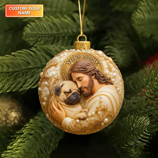 Personalized Jesus Hugging Pug Christmas Ornament, Custom Dog Memorial Gift, Religious Holiday Keepsake for Pug Lovers