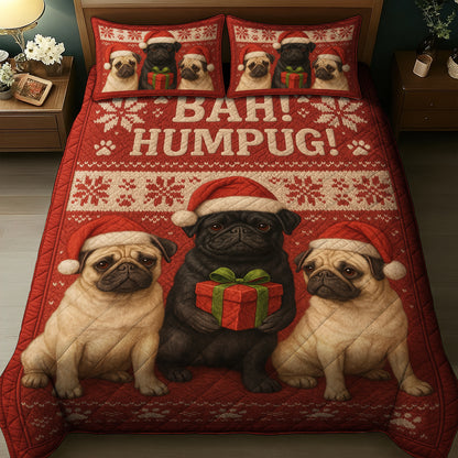 Bah Humpug Funny Pug Christmas Quilt Set, Cute Holiday Bedding Gift for Dog Lovers, Pugmas Bedroom Decor