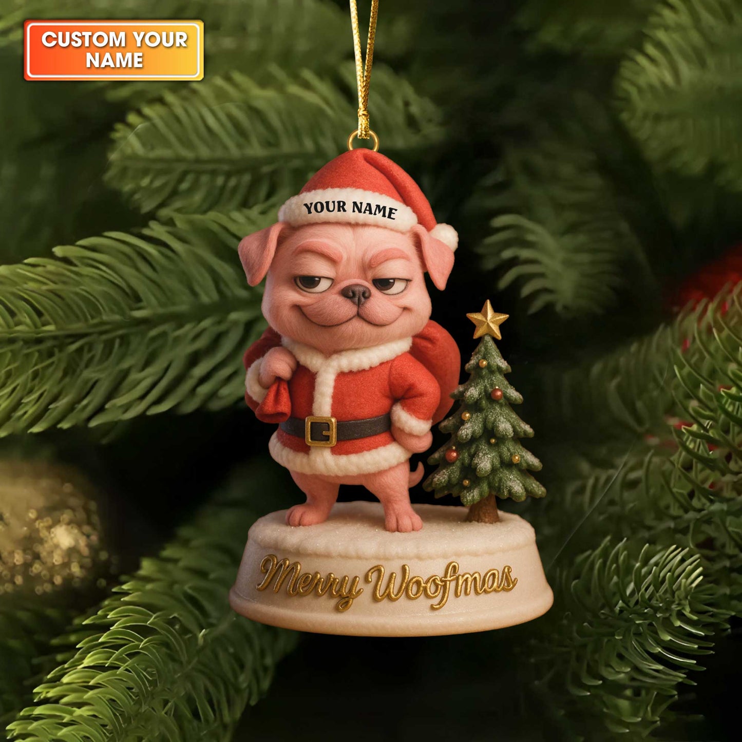 Personalized Pug Christmas Ornament, Merry Woofmas Dog Ornament, Cute Holiday Gift for Pug Lovers