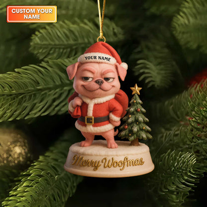 Personalized Pug Christmas Ornament, Merry Woofmas Dog Ornament, Cute Holiday Gift for Pug Lovers