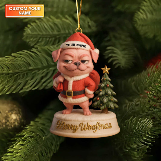 Personalized Pug Christmas Ornament, Merry Woofmas Dog Ornament, Cute Holiday Gift for Pug Lovers