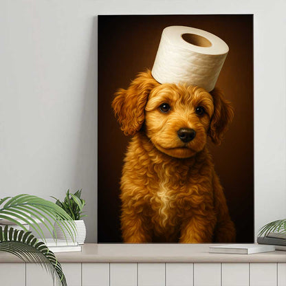 Toilet Paper Hat And Cool Bath Cigar Style Whimsical Dog Canvas, Silly Bathroom Moments Pet Art