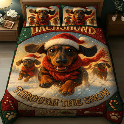 Funny Dachshund Quilt Set, Through The Snow Christmas Bedding, Cozy Holiday Gift for Dog Lovers