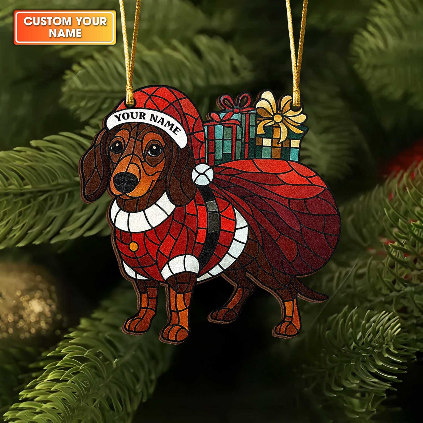 Santa Dachshund Ready Bringing Gift Ornament Decoration, Personalized Wooden Dachshund Ornament