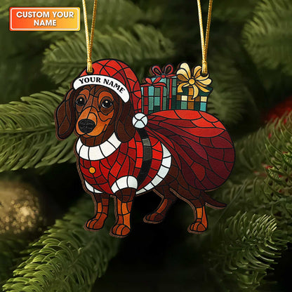 Santa Dachshund Ready Bringing Gift Ornament Decoration, Personalized Wooden Dachshund Ornament