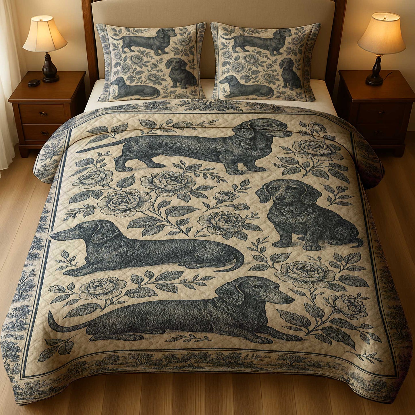 Classic Blue Floral Botanical Dachshund Print, Vintage Dachshund Quilt Set