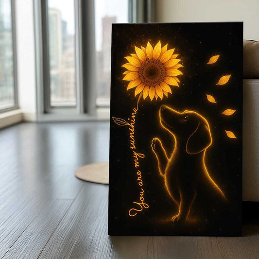 You Are My Sunshine Dachshund Wall Art, Glowing Dog and Sunflower Canvas