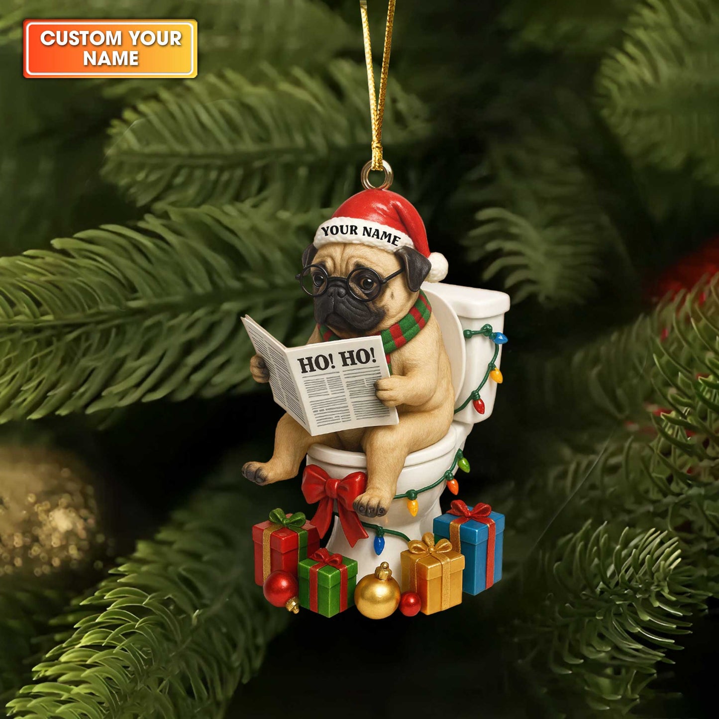 Personalized Pug Christmas Ornament, Funny Custom Name Dog Toilet Decoration, Holiday Gift for Pug Lovers