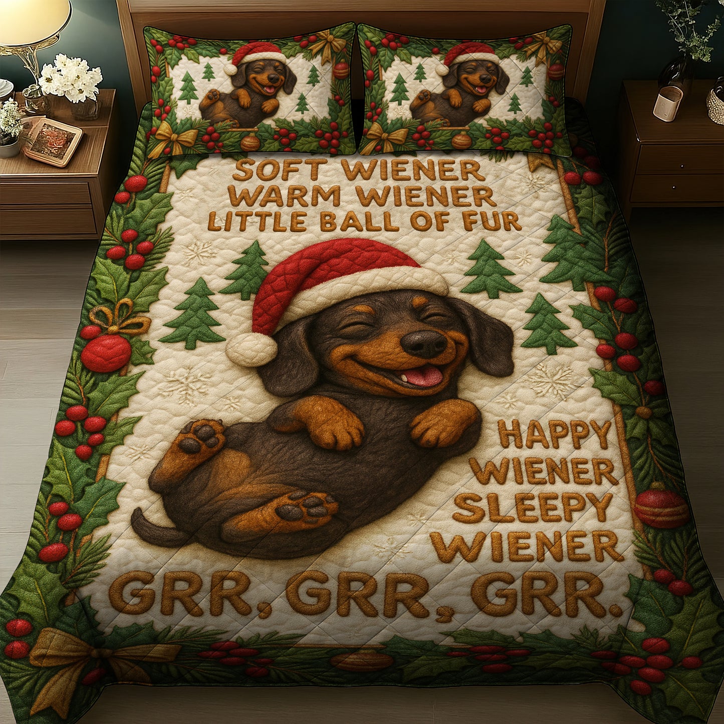 Cute Dachshund Christmas Quilt Set, Funny Wiener Dog Bedding With Santa Hat, Xmas Quilt for Dog Lovers