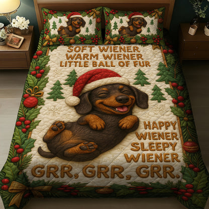 Cute Dachshund Christmas Quilt Set, Funny Wiener Dog Bedding With Santa Hat, Xmas Quilt for Dog Lovers