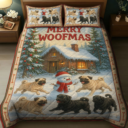 Funny Pug Christmas Quilt Set, Cute Merry Woofmas Bedding Gift for Dog Lovers, Pugmas Bedroom Decor