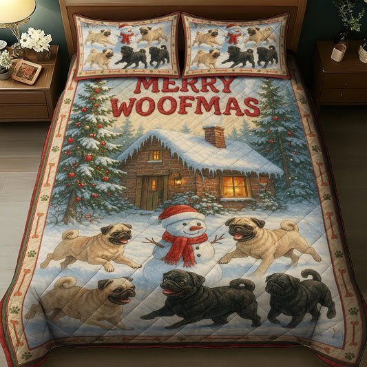Funny Pug Christmas Quilt Set, Cute Merry Woofmas Bedding Gift for Dog Lovers, Pugmas Bedroom Decor