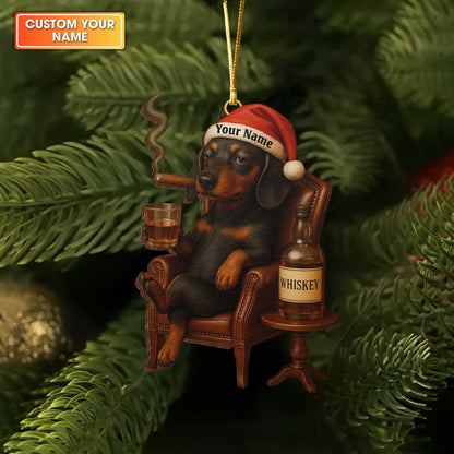 Badass Dachshund With Whiskey And Smoking Christmas Ornament, Personalized Wooden Dachshund Christmas Ornament