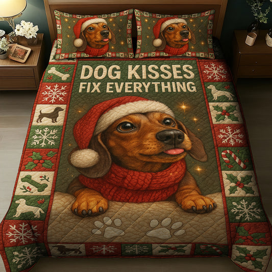 Funny Dachshund Quilt Set, Dog Kisses Fix Everything Christmas Bedding, Cute Holiday Gift for Dog Lovers
