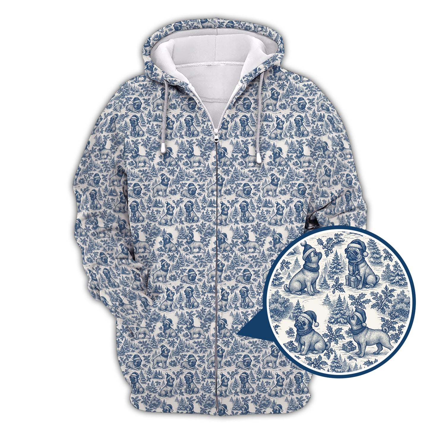 Christmas Pug Pattern Shirt, Toile De Jouy Shirt With Cute Pug, Xmas Hoodie For Dog Lover